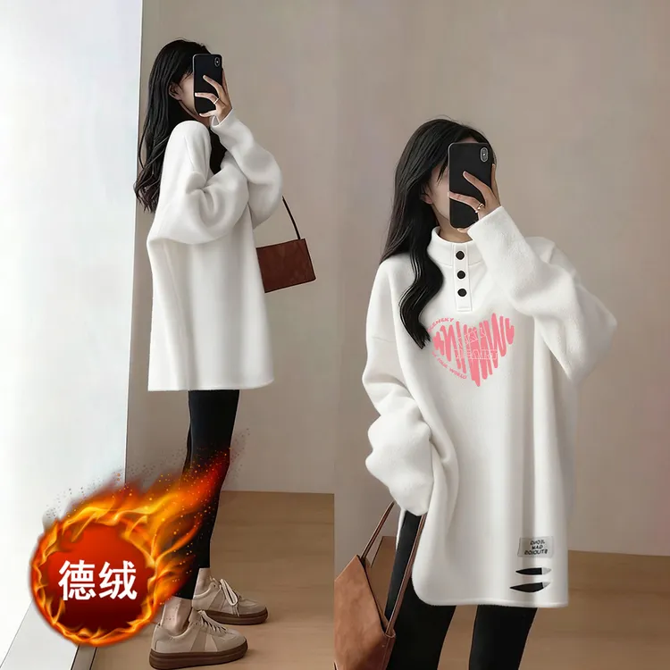 冬季百搭印花款长袖t恤女中长款半高领上衣德绒保暖打底衫女士