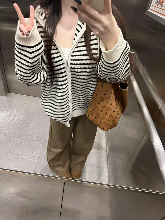 韩系软糯慵懒风条纹毛衣外套女秋季松弛感百搭小个子针织开衫上衣