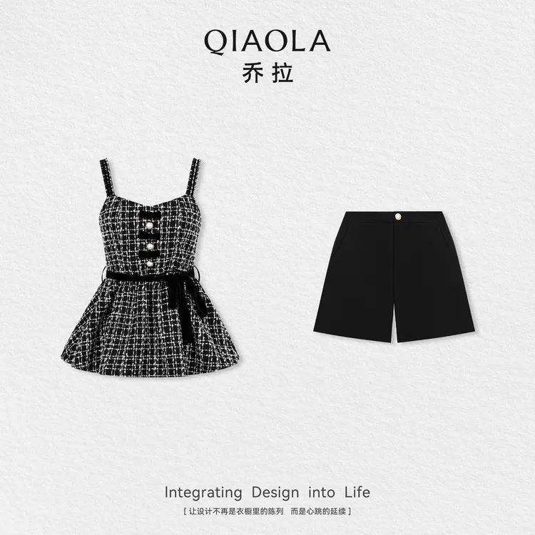 QIAOLA/乔拉【慢调巴黎】秋季羊毛天丝梭织格纹吊带连衣裙短裤预售