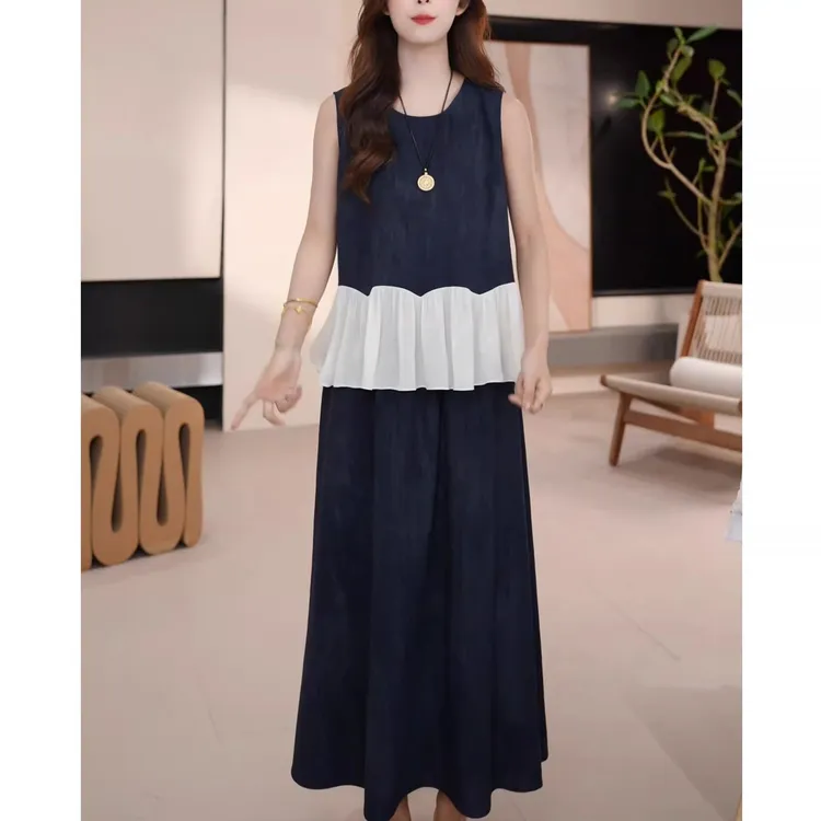 夏季新款时尚简约显瘦宽松套装女气质荷叶边无袖上衣半身裙两件套