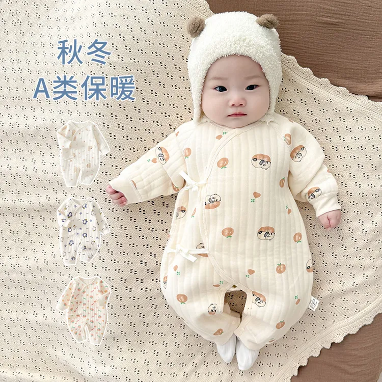 新生婴儿衣服春秋冬季夹棉初生宝宝保暖连体衣纯棉秋装系带和尚服