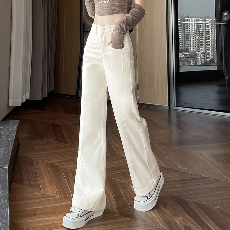 秋季25新款奶白色微喇高腰阔腿裤子女装牛仔裤加绒弹力女新款裤子