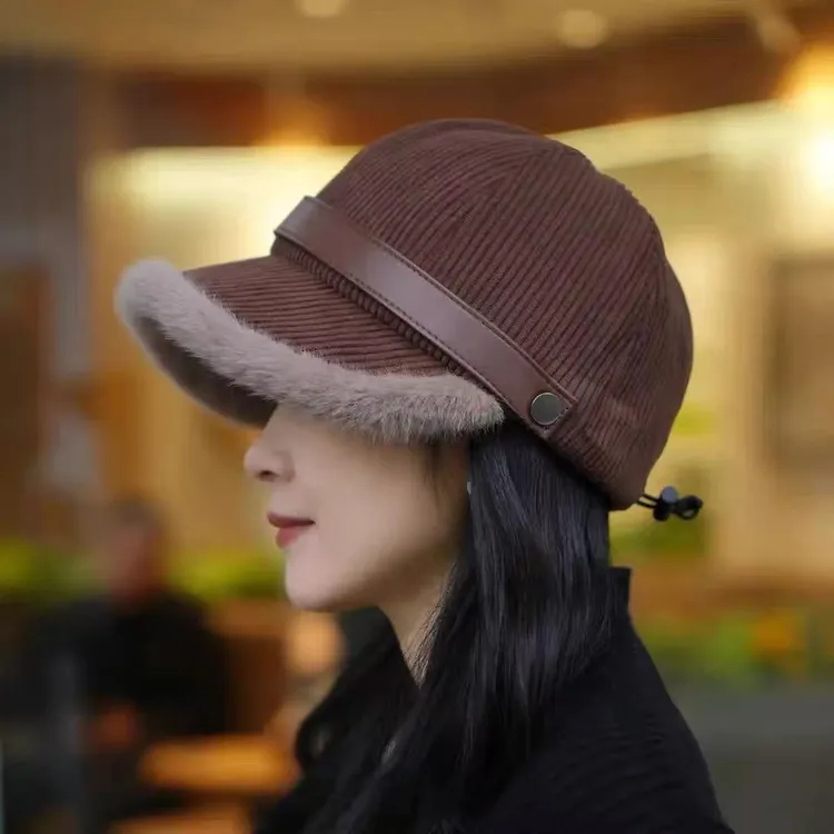 加绒鸭舌帽高级感时尚简约一帽多戴灯芯绒长绒毛法式百搭渔夫帽