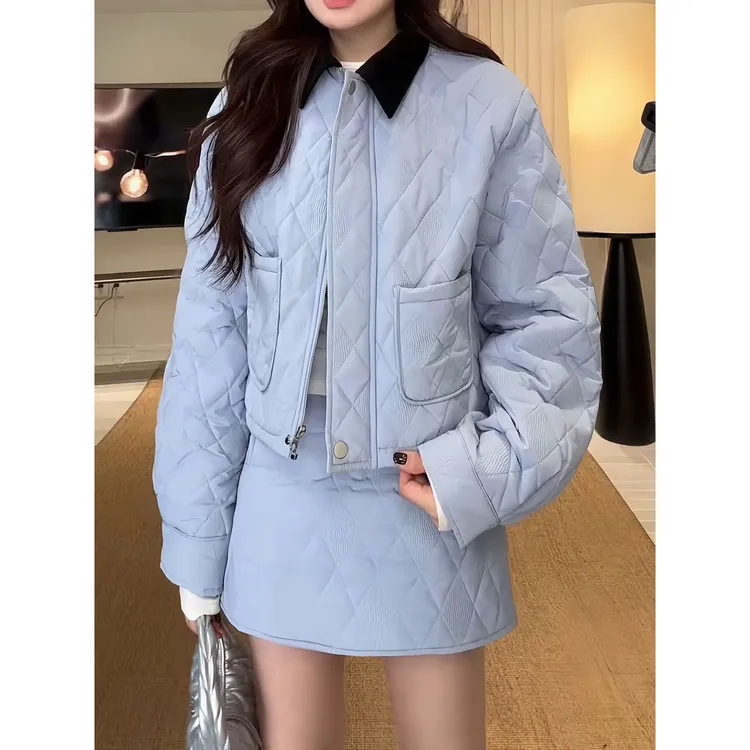 运补6-8元~秋冬气质菱格棉翻领外套+修身百搭半裙套装棉服加绒加厚A1601