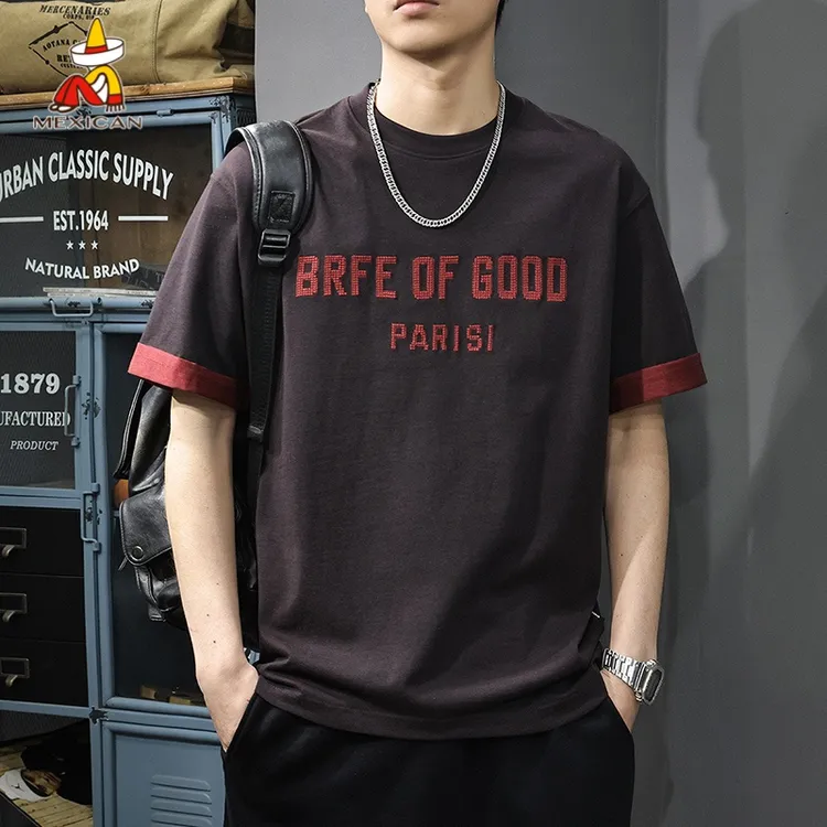 Mexican/稻草人潮牌撞色纯棉短袖t恤男夏季宽松大码痞帅刺绣体恤