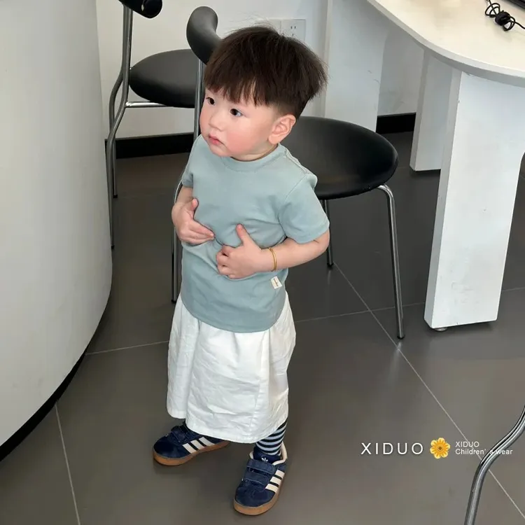 韩国童装男女童夏季套装2025新款儿童洋气休闲短袖T恤白色阔腿裤