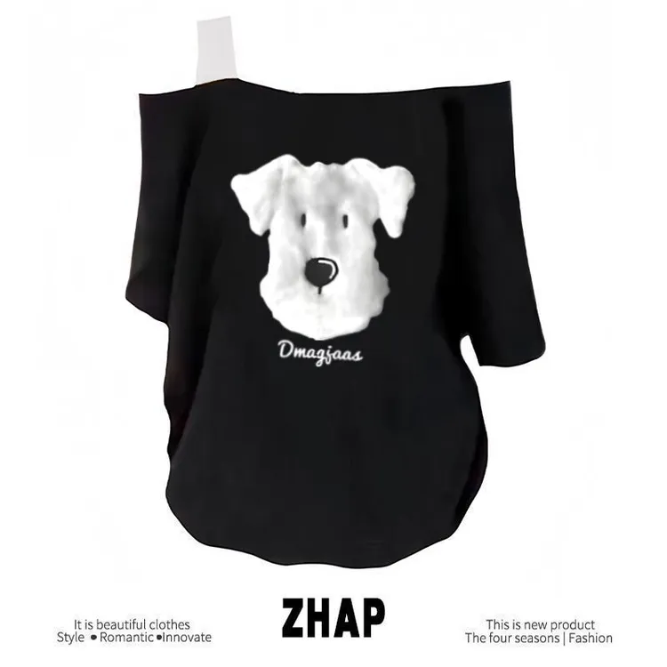 【ZHAP】新款单肩露肩吊带宽松短袖t恤女黑色甜辣斜肩辣妹风上衣