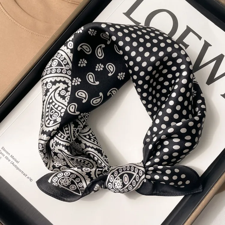 新款韩版百搭真丝53x53小方巾100%桑蚕丝波点洋气小领巾围巾女