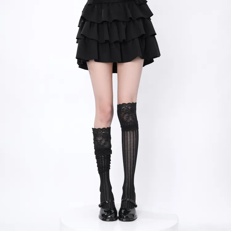 lolita蕾丝拼接花边长筒镂空夏季薄款白色袜子少女甜美防滑过膝袜