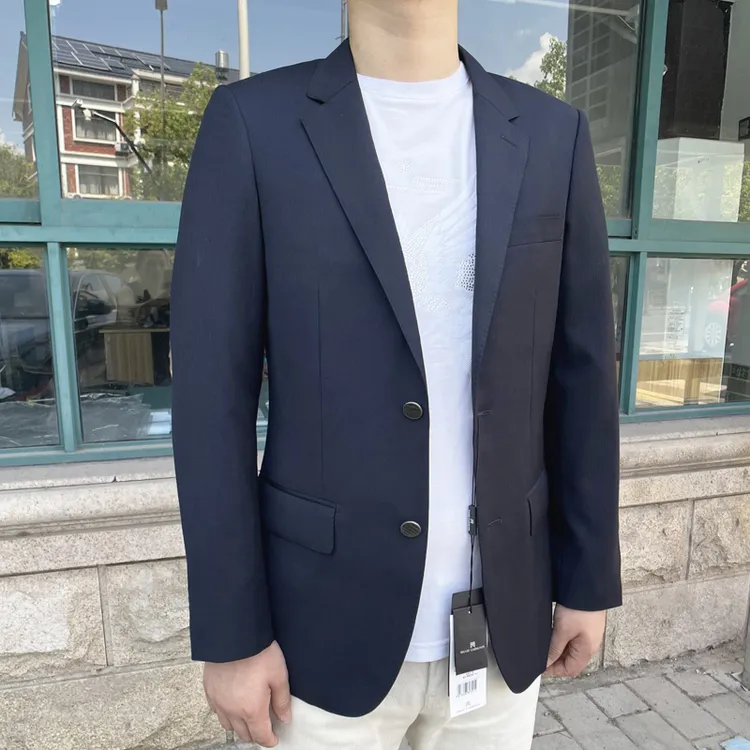 小西装羊毛100%春秋新款男士秋冬西服二粒扣修身藏青色羊毛单西