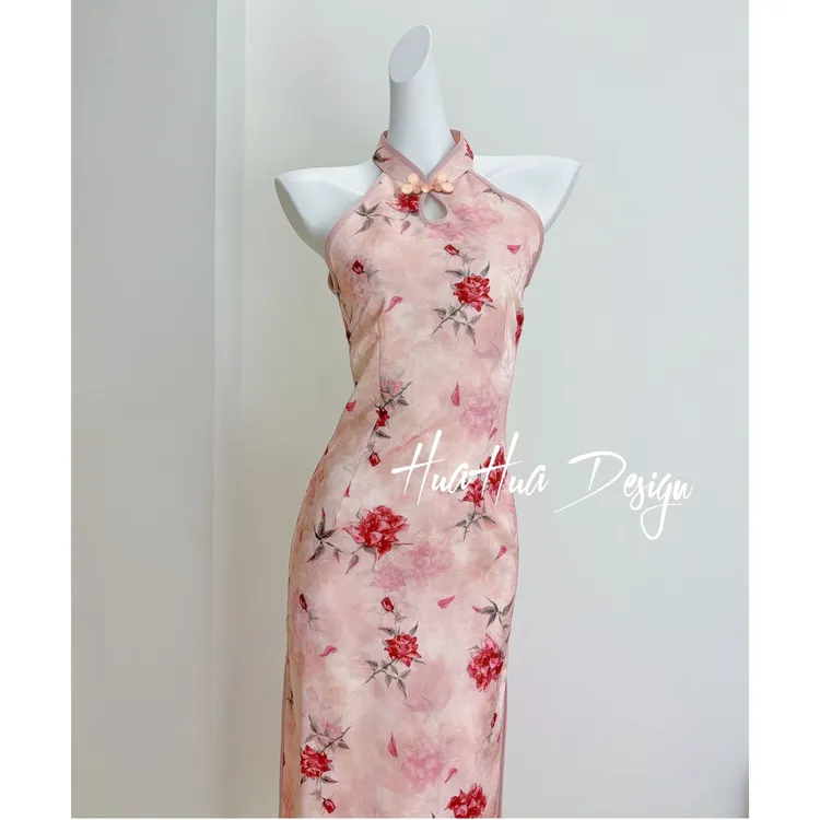 苏故里【东方美人】少女气质挂脖玫瑰提花旗袍日常旗袍单层衣长12