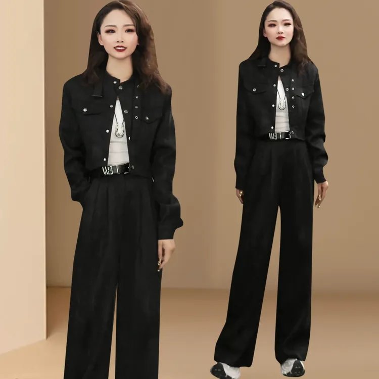 休闲时尚气质套装女一整套2025春秋长袖短款外套高腰显瘦阔腿长裤