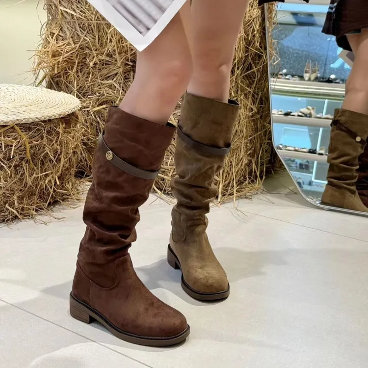 法式粗跟绒面骑士靴堆堆长靴女鞋2025新款秋冬季瘦瘦气质长筒靴子