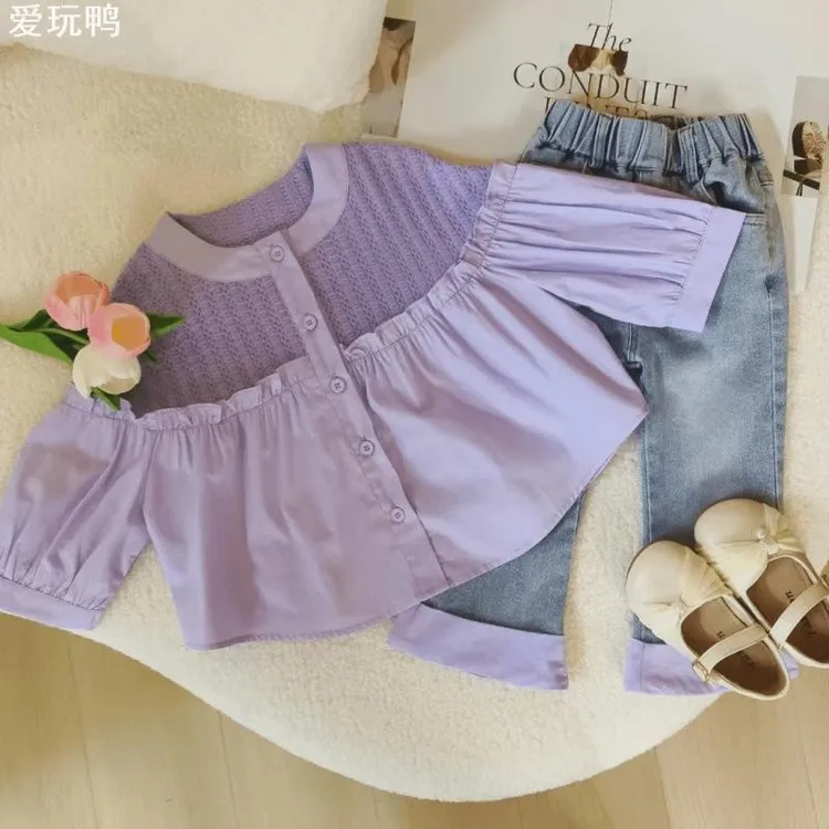 女童2024年新款春秋装韩版宽松洋气时尚公主袖娃娃衫拼接长裤套jk