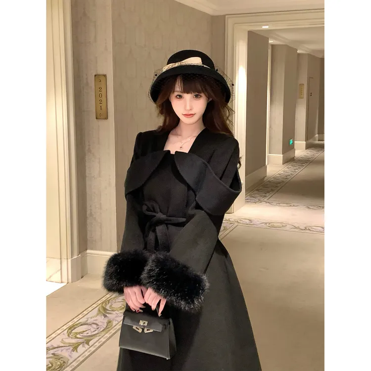 Sychaodm半岛铁盒千金毛呢大衣女秋冬中长款收腰显瘦高级感厚外套