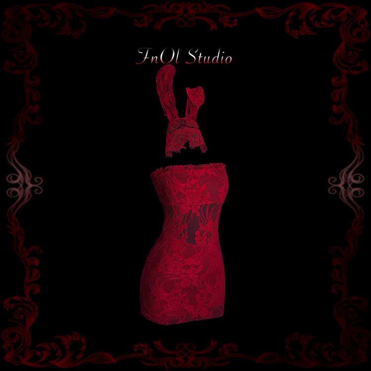 「FnOl Studio」炽热 红色蕾丝抹胸包臀连衣裙辣妹性感战袍收腰睡裙