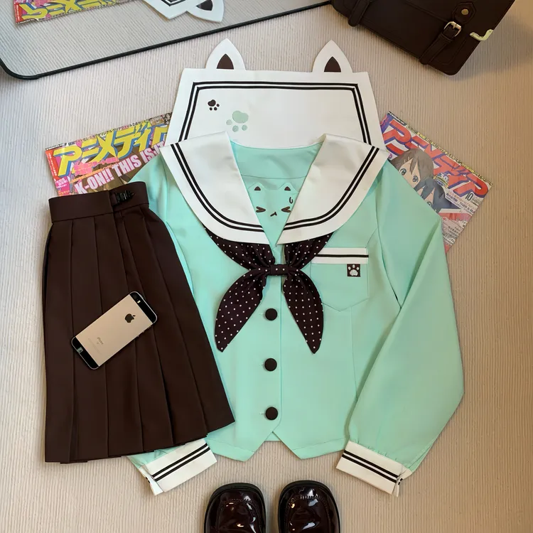樱川梦屿原创【薄荷奶咖】秋冬薄荷绿短长袖款水手服棕色裙子套装JK