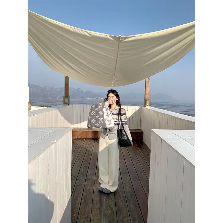 韩系高级感气质修身费尔岛长袖针织开衫女高腰宽松直筒百搭阔腿裤