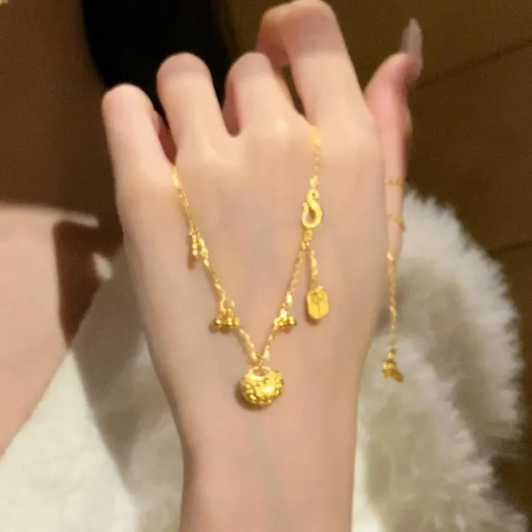 铜合金项链 新中式金色小福坨吊坠项链复古精致高级感气质锁骨链