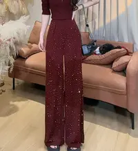 【美美专享】250603复古高腰烫钻垂感阔腿裤女