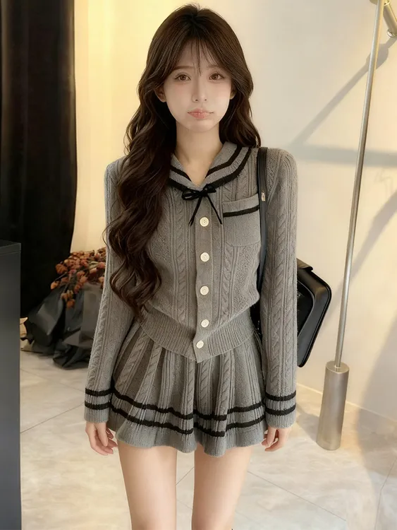 韩系学院风针织套装女减龄显瘦翻领毛衣＋高腰显瘦百褶短裙两件套