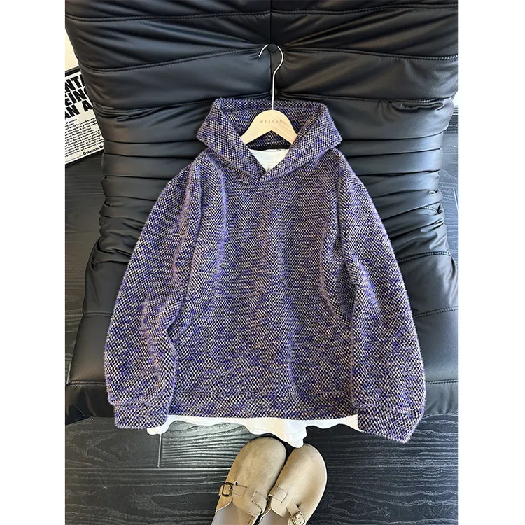 莫奈紫重磅针织卫衣男款秋冬季美式复古连帽衫毛绒宽松情侣款外套