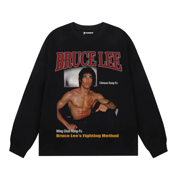 Young Gun李小龙先生印花长袖t恤美式复古潮牌重磅秋季纯棉上衣男