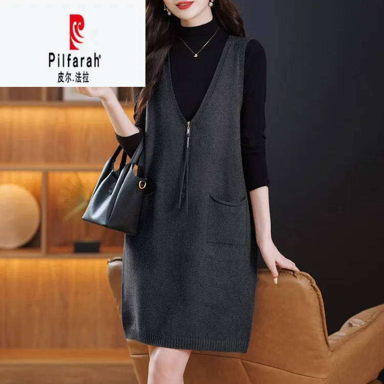 皮尔法拉拉链无袖马甲针织连衣裙背心女中长款口袋羊毛衫打