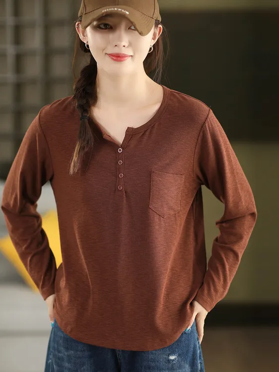 新款复古柔软弹力早春v领打底衫女秋季百搭长袖套头衫内搭T恤上衣