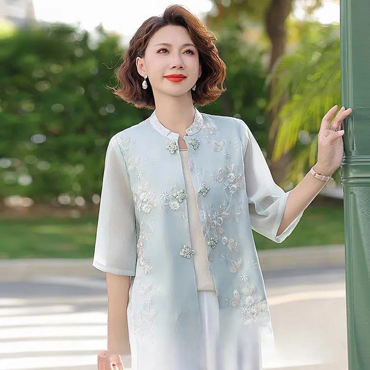 俞兆林新中式国风七分袖衬衫中年夏季2025新款气质妈妈立领开衫