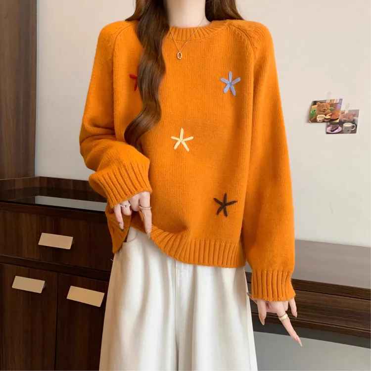 立体花朵刺绣毛衣女春秋2025大码胖mm今年流行漂亮上衣长袖针织衫