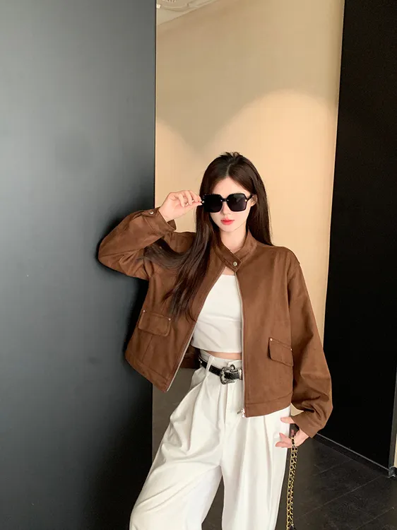 2025秋装新款胖mm大码女美式麂皮绒夹克机车休闲皮衣外套22909 