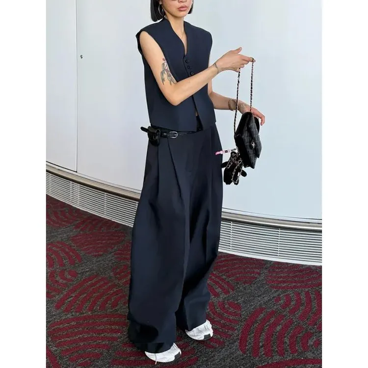 欧货通勤复古无袖背心马甲2025年夏季爆款英伦风别致阔腿裤套装女