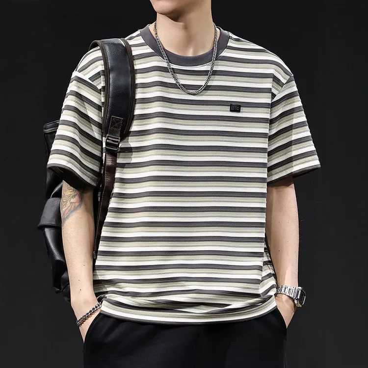 条纹拼色潮牌短袖t恤男士大码夏季2025新款高端衣服美式复古体恤