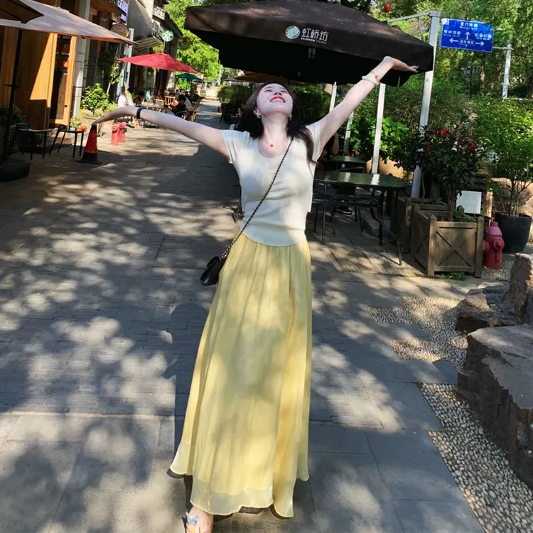 2025夏季超火穿搭套装韩系小众绑带短袖上衣高腰a字半身裙两件套