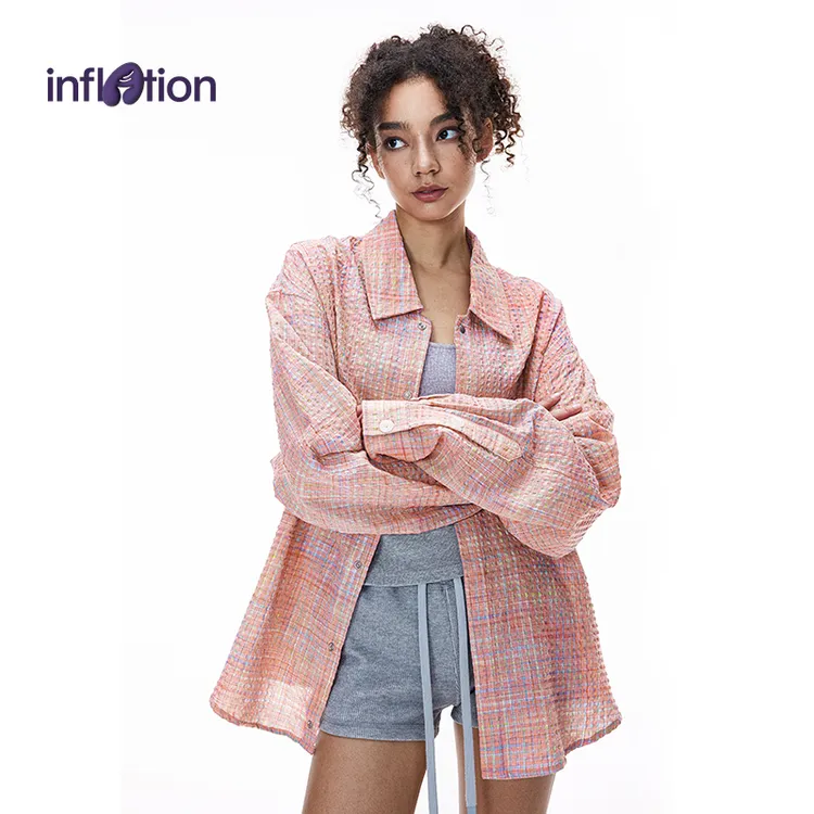 膨胀潮牌花纱格子衬衫25秋季新品潮牌美式短款开衫泡泡纱长袖男