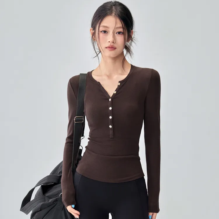 2025新款瑜伽服女紧身运动长袖普拉提训练健身上衣v领亨利衫T恤秋