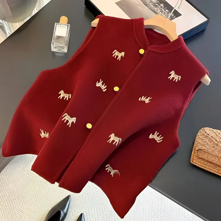 新年跨年本命年红色新中式红色短款双面毛呢马甲女秋冬精致时尚