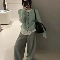韩系坑条针织开衫外塔女+内搭打底衫+阔腿显瘦休闲裤 60899