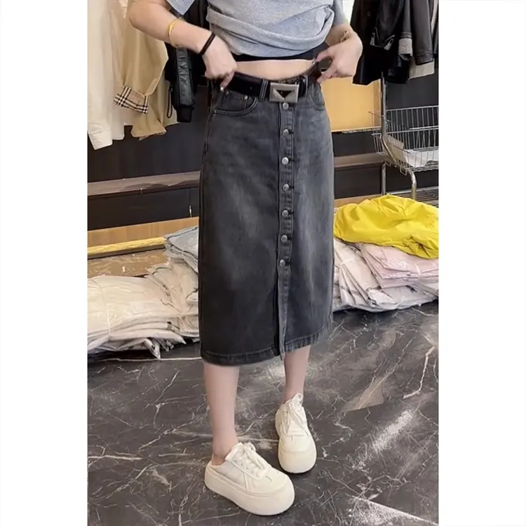 艾塔莉开叉中长款半身裙女2025新款显瘦复古A字裙大码高腰牛仔裙