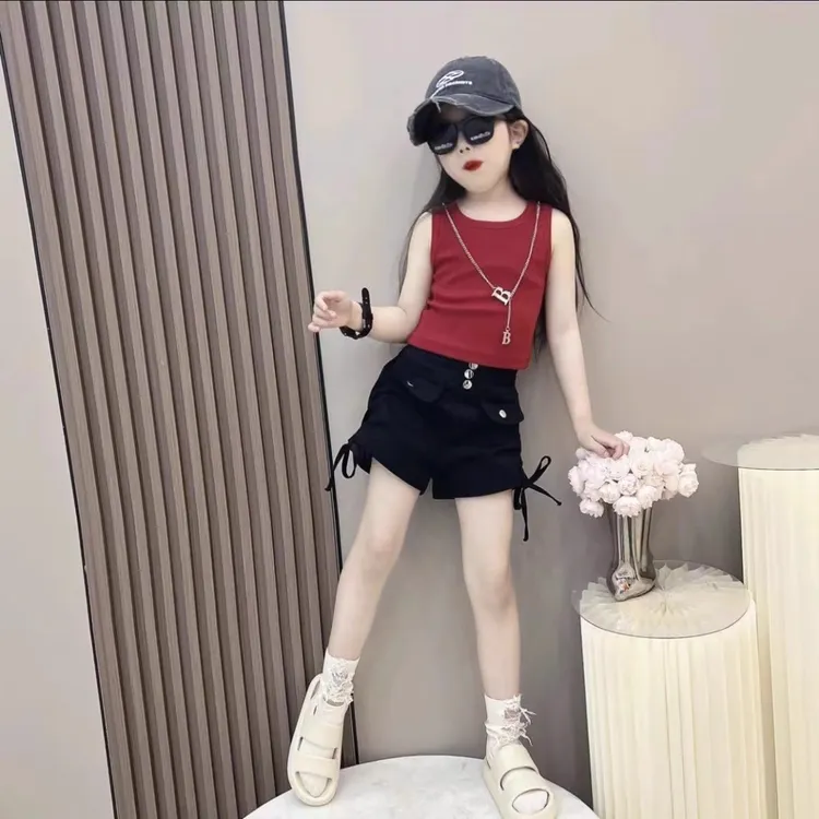 女童无袖套装夏季2025洋气新款夏装中大童背心休闲牛仔短裤两件套