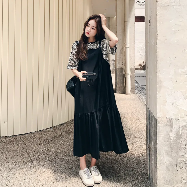 今年流行女装爆款高级感巨好看大方得体穿搭撞色拼接假两件连衣裙