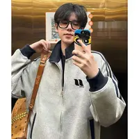 美式简约小众印花立领开衫卫衣男秋冬潮牌休闲宽松撞色三条杠外套