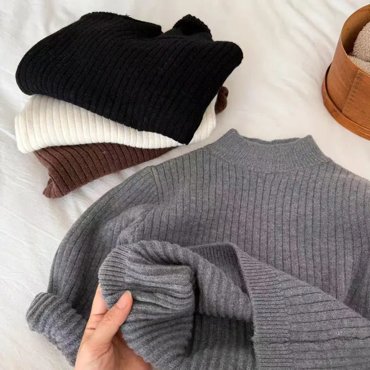 儿童毛衣秋冬半高领加厚一体绒针织衫男童纯色宝宝百搭打底衫韩版