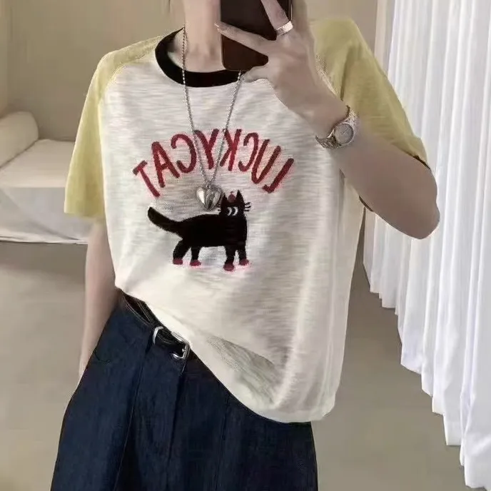 野小姐* 夏季爆款圆领拼色插肩袖短袖女韩系猫咪字母9089