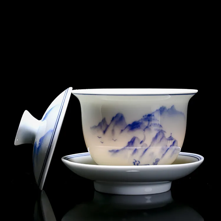 大号青花瓷手绘盖碗釉下彩陶瓷功夫茶具三才盖碗家用泡茶碗单个