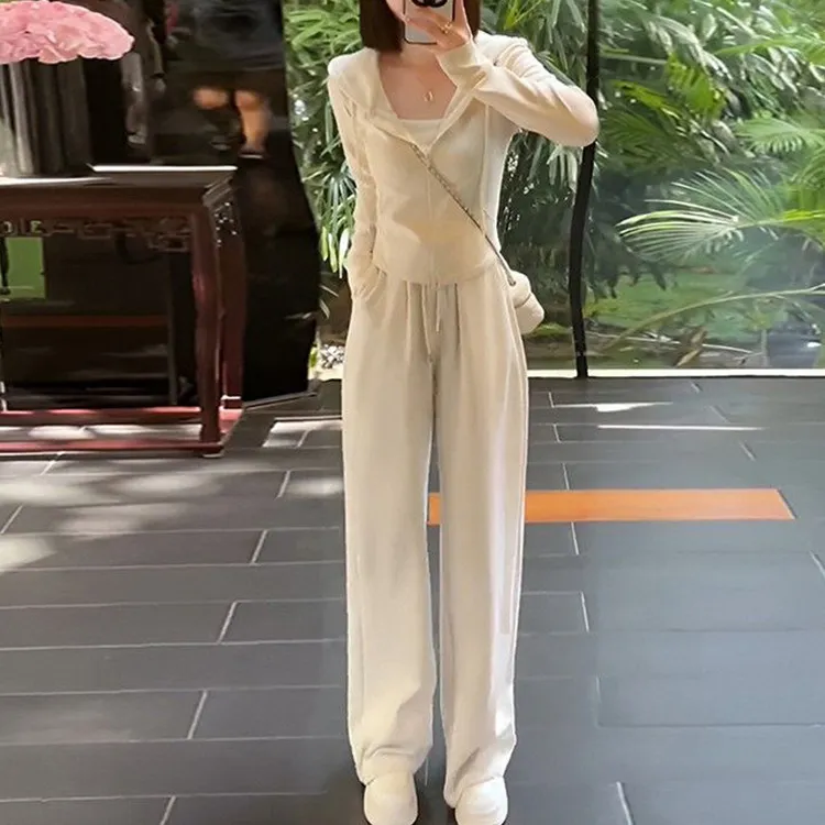 连帽运动套装女春装2025秋季款时尚开衫跑步休闲服阔腿裤两件套潮
