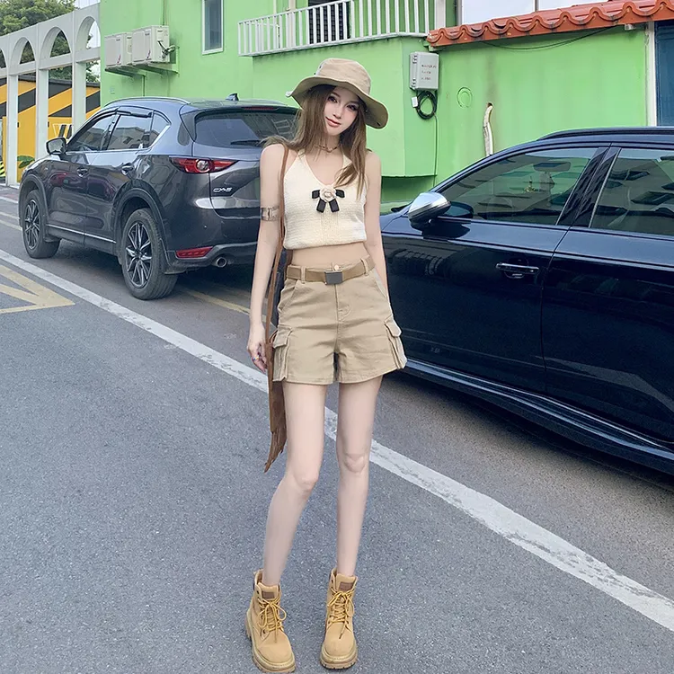 高腰口袋工装牛仔短裤女2025夏季新款港风时尚A字显瘦阔腿裤潮ins
