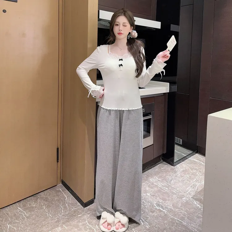 【莉莉甜】代尔棉睡衣带胸垫蕾丝拼接假两件可外穿家居服甜美纯欲风