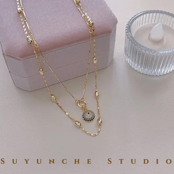铜合金项链 Suyunche2289轻奢时尚浅金色双层nazar吊坠欧美项链